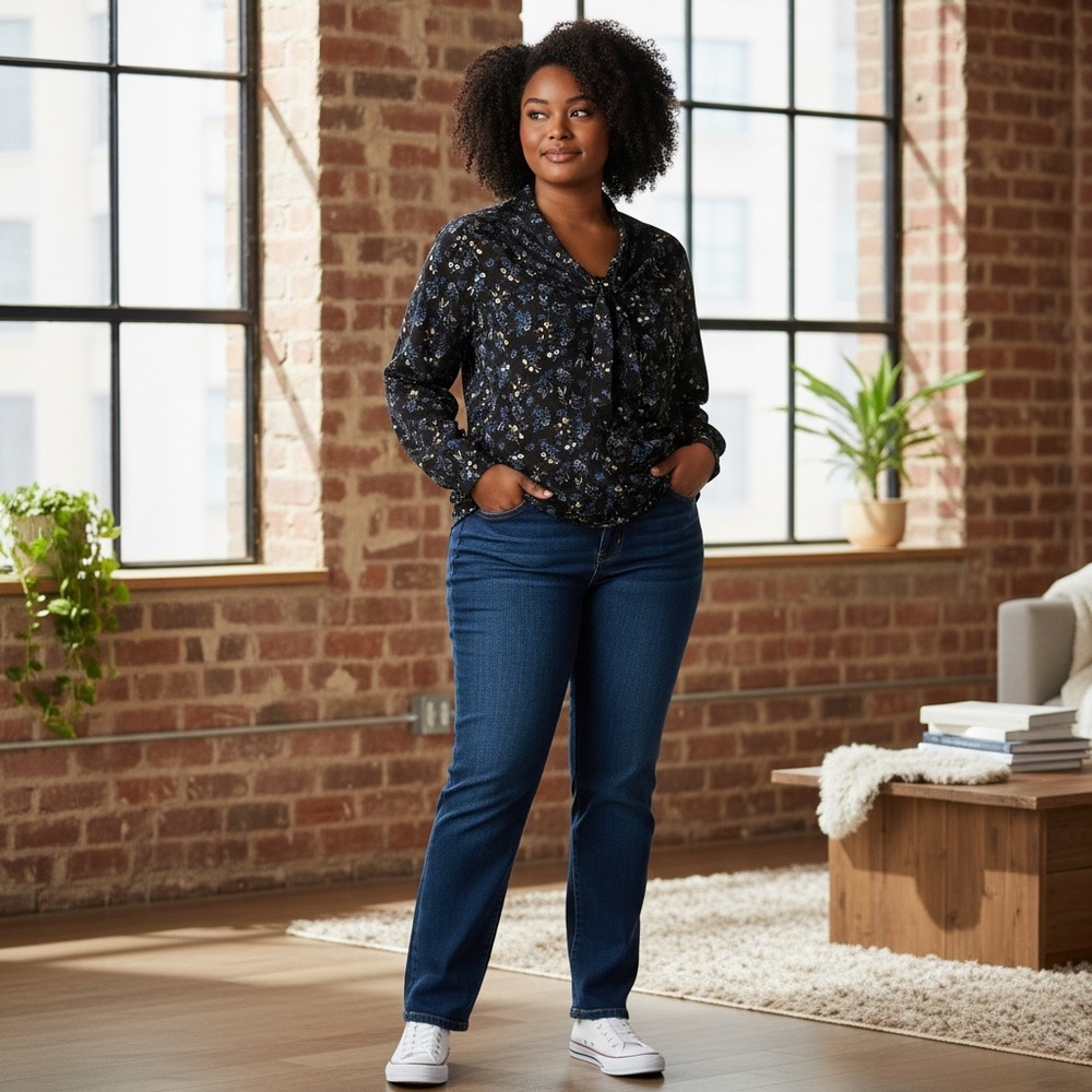 Maison Jules Black Blouse with Blue and Yellow Floral